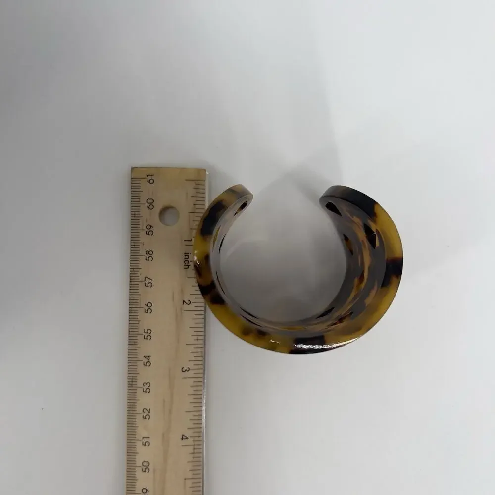 Tory Burch Logo Tortoise Resin Wide Cuff Bracelet Brown Amber Cutout Statement